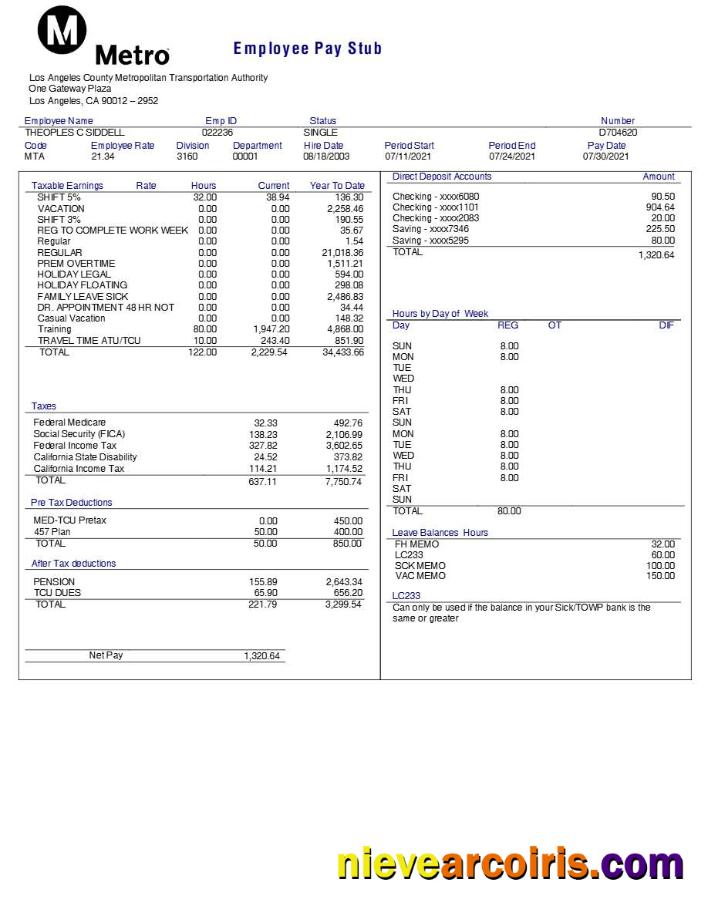 Los Angeles County Metropolitan Transportation Authority employee pay stub, 2